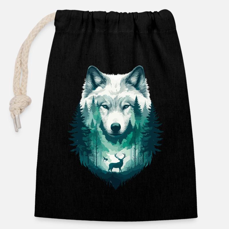 Wolf Wildnis Wildtier Wald Natur Wolfsrudel Cool - Verschließbarer Geschenkbeutel aus Baumwolle (14x20cm) - Schwarz
