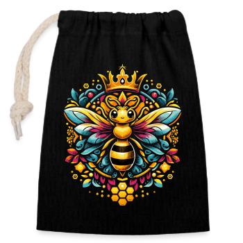 Lebhaftes, farbenfrohes Bienenkönigin Motiv - Verschließbarer Geschenkbeutel aus Baumwolle (14x20cm) - Schwarz - Vorne