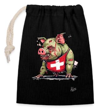 Schweizer Flagge: Zombie-Schwein - Verschließbarer Geschenkbeutel aus Baumwolle (14x20cm) - Schwarz - Vorne
