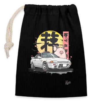 Un cochon amusant et une course de rue japonaise - Sac cadeau en coton avec cordon (14 x 20 cm) - noir - Devant