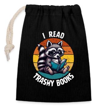 Buch Bücher Waschbär Lesen Literatur Lustig Retro - Verschließbarer Geschenkbeutel aus Baumwolle (14x20cm) - Schwarz - Vorne