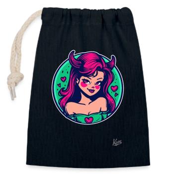 Comic cartoon: cute little she-devil with hearts - Closable cotton gift bag (14x20cm) - navy - Front