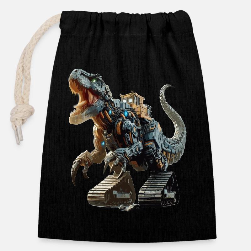 Bagger T-Rex Dinosaurier - Verschließbarer Geschenkbeutel aus Baumwolle (14x20cm) - Schwarz