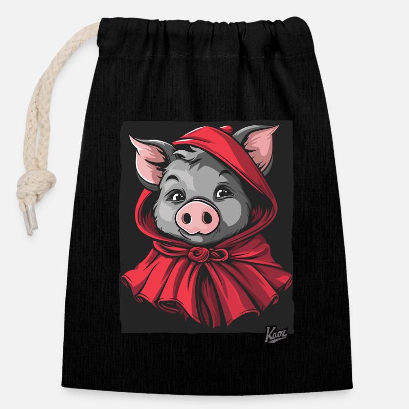 Le conte de fées du Petit Cochon Chaperon Rouge - Sac cadeau en coton avec cordon (14 x 20 cm) - noir