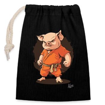 Orangenes Kung Fu Mönch Schwein - Verschließbarer Geschenkbeutel aus Baumwolle (14x20cm) - Schwarz - Vorne