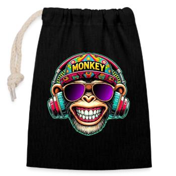 Cooler DJ Monkey Kopfhörer Bunter Retro-Stil - Verschließbarer Geschenkbeutel aus Baumwolle (14x20cm) - Schwarz - Vorne