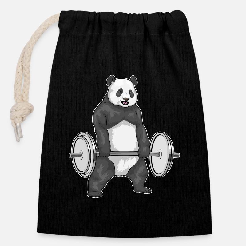 Panda Bodybuilder Musculation avec haltères - Sac cadeau en coton avec cordon (14 x 20 cm) - noir