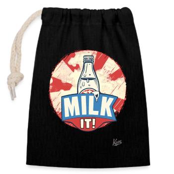 Melke es! Melken genießen: Mit einer Flasche Milch - Verschließbarer Geschenkbeutel aus Baumwolle (14x20cm) - Schwarz - Vorne