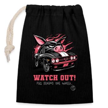 Le cochon au volant conduit une voiture musclée, attention ! - Sac cadeau en coton avec cordon (14 x 20 cm) - noir - Devant