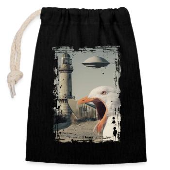 UFO - Möwe - Rostock - Teepot - Warnemünde - Verschließbarer Geschenkbeutel aus Baumwolle (14x20cm) - Schwarz - Vorne