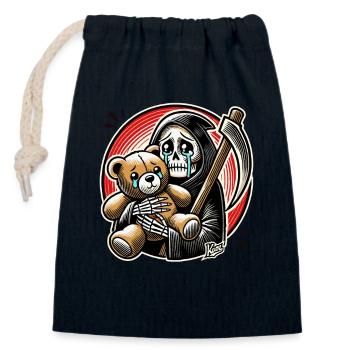 Faucheuse en pleurs câlinant un animal en peluche - Sac cadeau en coton avec cordon (14 x 20 cm) - bleu marine - Devant