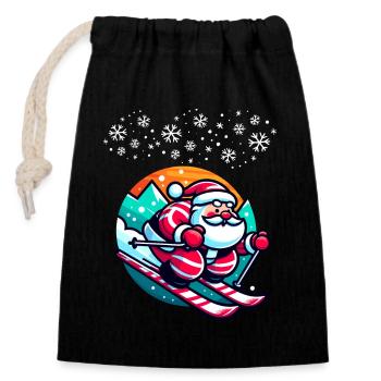 Noël Ski Père Noël Hiver Neige - Sac cadeau en coton avec cordon (14 x 20 cm) - noir - Devant