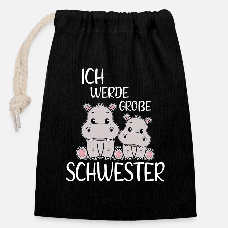Ich werde große Schwester Süße Nilpferd Mädchen - Verschließbarer Geschenkbeutel aus Baumwolle (14x20cm) - Schwarz