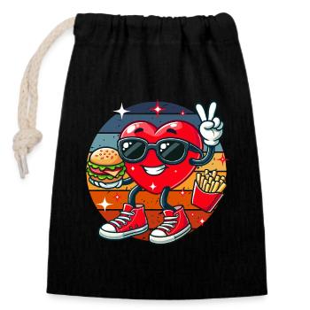 Restauration rapide Saint-Valentin coeur hamburger frites papa - Sac cadeau en coton avec cordon (14 x 20 cm) - noir - Devant