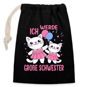 Ich werde Große Schwester 2026 Katzen Mädchen - Verschließbarer Geschenkbeutel aus Baumwolle (14x20cm) - Schwarz - Vorne