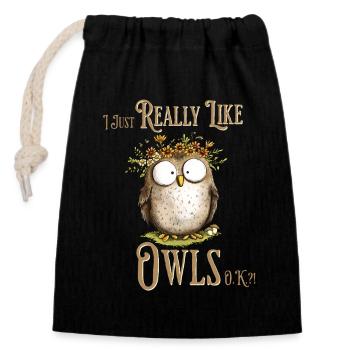 Eule mit Spruch I Really Like Owls - Verschließbarer Geschenkbeutel aus Baumwolle (14x20cm) - Schwarz - Vorne