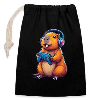 Capybara Gaming Abenteuer Für Gamer Fans - Verschließbarer Geschenkbeutel aus Baumwolle (14x20cm) - Schwarz - Vorne