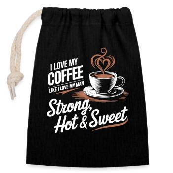 Kaffee-Liebe: Heiß, Stark & Süß - Barista Shirt - Verschließbarer Geschenkbeutel aus Baumwolle (14x20cm) - Schwarz - Vorne