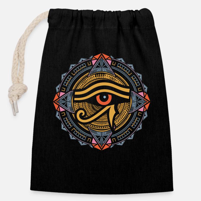 Mandala de l’Oeil de Râ | Art égyptien psychédélique - Sac cadeau en coton avec cordon (14 x 20 cm) - noir