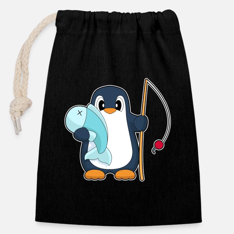Pinguin Angler Fisch Angeln - Verschließbarer Geschenkbeutel aus Baumwolle (14x20cm) - Schwarz