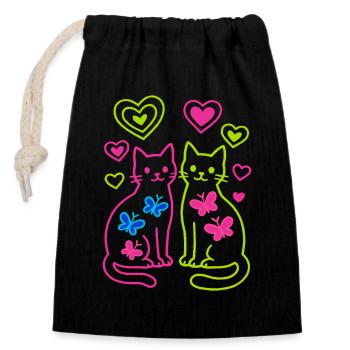 Chat, Chats, Papillon, Printemps, Années 80, Années 90 - Sac cadeau en coton avec cordon (14 x 20 cm) - noir - Devant