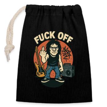Rocker mit Gitarre, Boombox und „Fuck Off" Spruch - Verschließbarer Geschenkbeutel aus Baumwolle (14x20cm) - Schwarz - Vorne