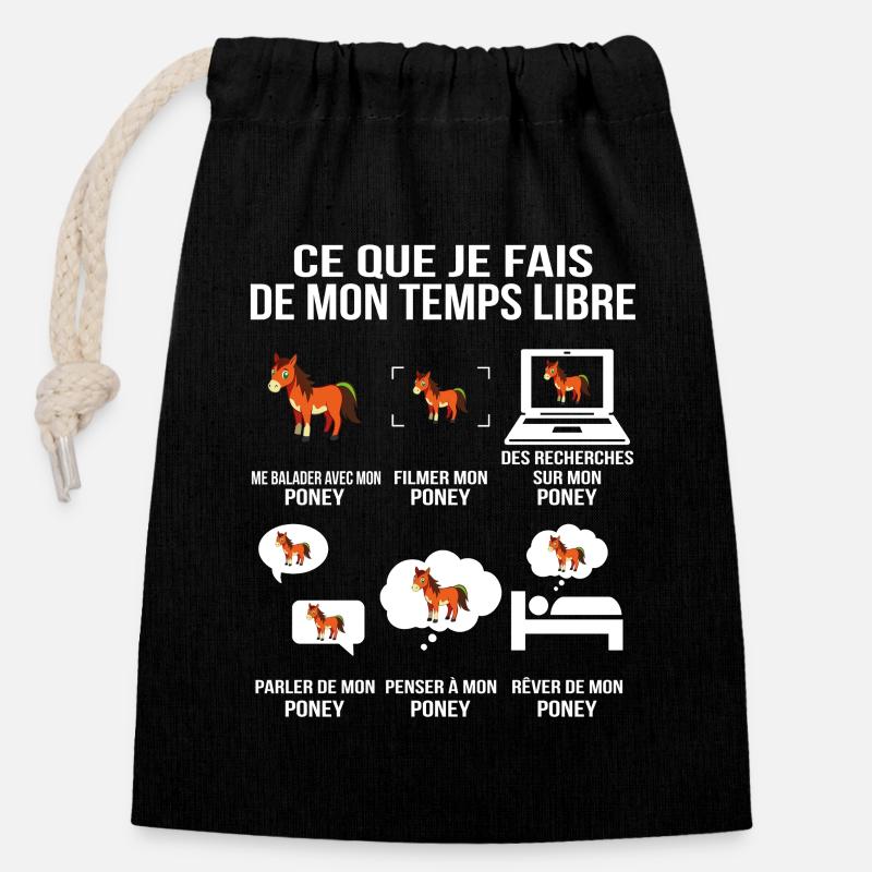 Ce que je fais de mon temps libre Poney - Sac cadeau en coton avec cordon (14 x 20 cm) - noir