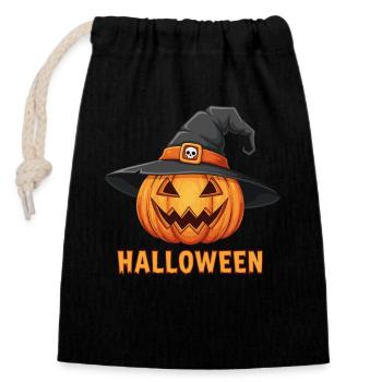 Gruselige Halloween Kürbislaterne mit Hexenhut - Verschließbarer Geschenkbeutel aus Baumwolle (14x20cm) - Schwarz - Vorne