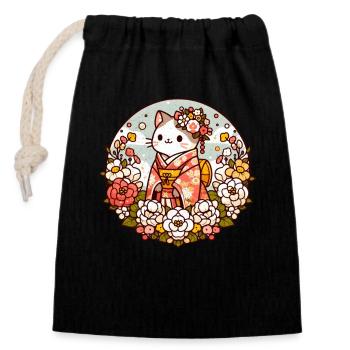 Kimono Cat with Flowers - Closable cotton gift bag (14x20cm) - black - Front