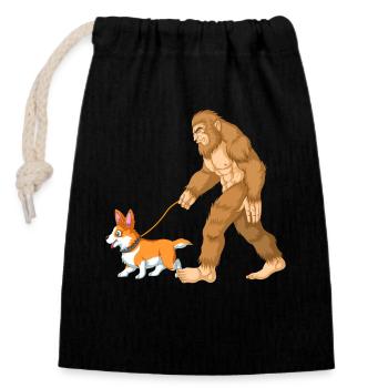 Bigfoot Walking a Corgi – Funny Cryptid Dog Design - Closable cotton gift bag (14x20cm) - black - Front