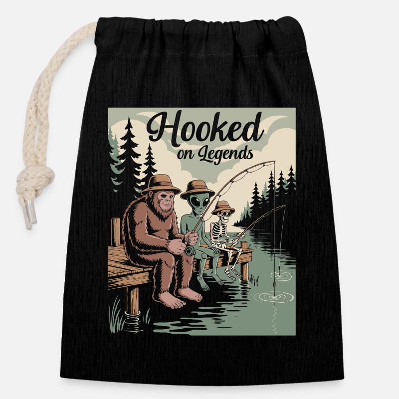 Design umoristico della pesca con Bigfoot, alieni ecc. - Sacchetto regalo richiudibile in cotone (14x20 cm) - nero