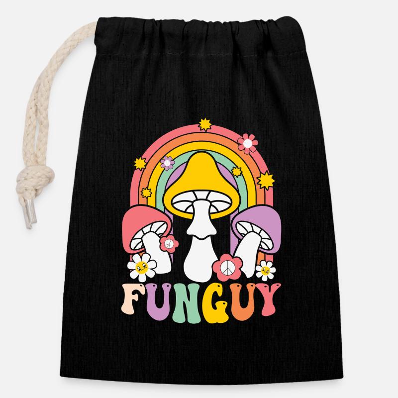 Design de champignon funky avec arc-en-ciel - Sac cadeau en coton avec cordon (14 x 20 cm) - noir
