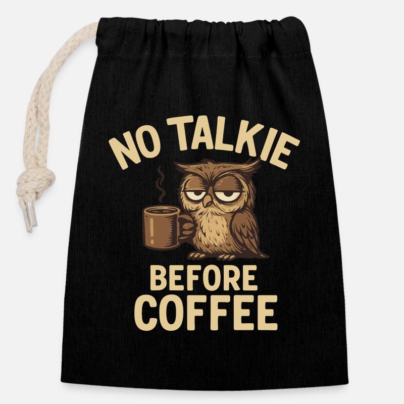 Hiboux avec tasse à café et déclaration - Sac cadeau en coton avec cordon (14 x 20 cm) - noir