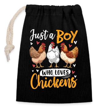 Boy loves chickens – funny motif - Closable cotton gift bag (14x20cm) - black - Front