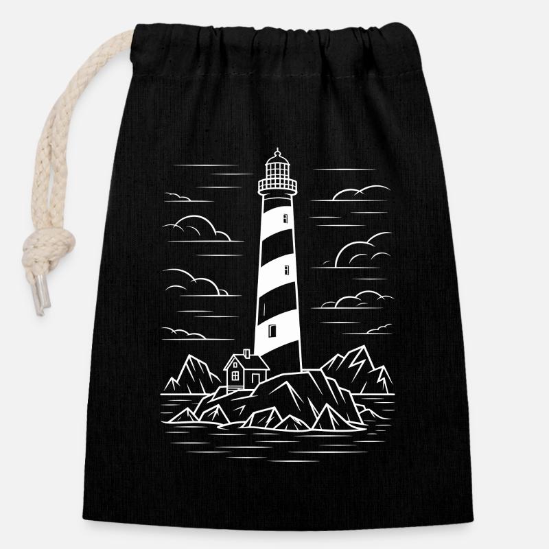 Phare sur le rocher - Sac cadeau en coton avec cordon (14 x 20 cm) - noir