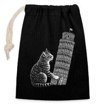 Katze am Turm von Pisa - Verschließbarer Geschenkbeutel aus Baumwolle (14x20cm) - Schwarz - Vorne