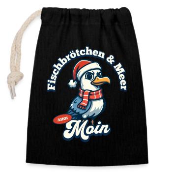 Sandwich au poisson et mouette avec chapeau de Père Noël - Sac cadeau en coton avec cordon (14 x 20 cm) - noir - Devant