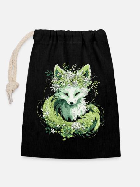 Kitsune Fuchs Boho Blumen Natur - Verschließbarer Geschenkbeutel aus Baumwolle (14x20cm) - Schwarz