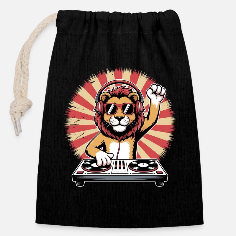 Lion DJ avec casque - Sac cadeau en coton avec cordon (14 x 20 cm) - noir