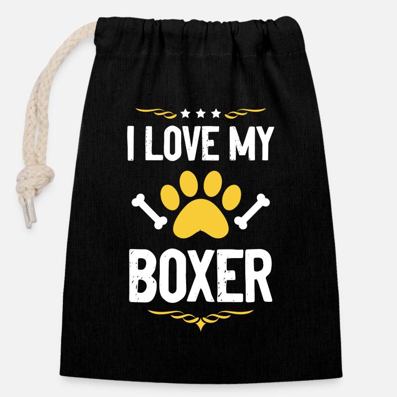 Ich liebe meinen Boxer – Pfote & Knochen - Verschließbarer Geschenkbeutel aus Baumwolle (14x20cm) - Schwarz
