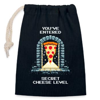Entrez dans le niveau Secret Cheese | Pizza Dungeon Gag - Sac cadeau en coton avec cordon (14 x 20 cm) - bleu marine - Devant