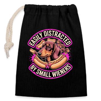 Facilement distrait par de petites saucisses fumées inusables - Sac cadeau en coton avec cordon (14 x 20 cm) - noir - Devant