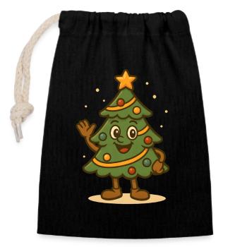 Fun Christmas Tree Cartoon Waving Design - Closable cotton gift bag (14x20cm) - black - Front
