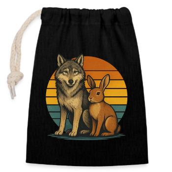 Wolf und Hase Retro - Verschließbarer Geschenkbeutel aus Baumwolle (14x20cm) - Schwarz - Vorne