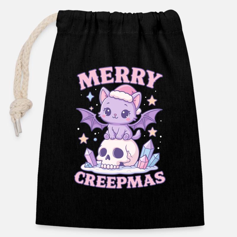 Crâne de Noël gothique pastel de chat Merry Creepmas - Sac cadeau en coton avec cordon (14 x 20 cm) - noir