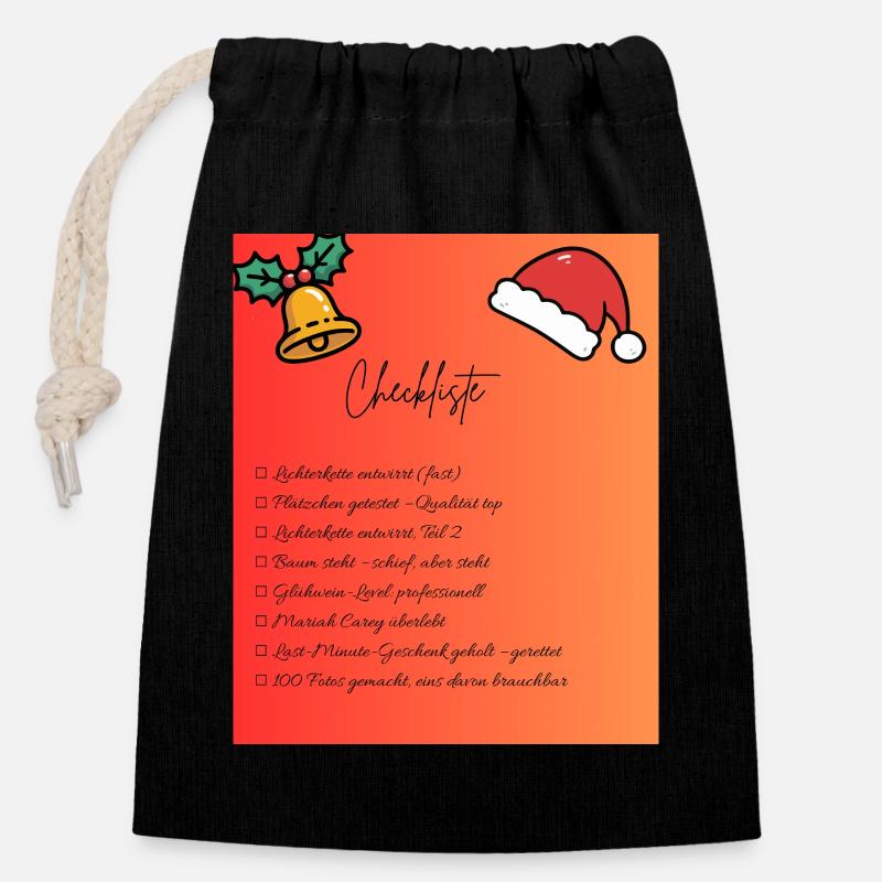 Conception de la liste de contrôle de Noël - Sac cadeau en coton avec cordon (14 x 20 cm) - noir