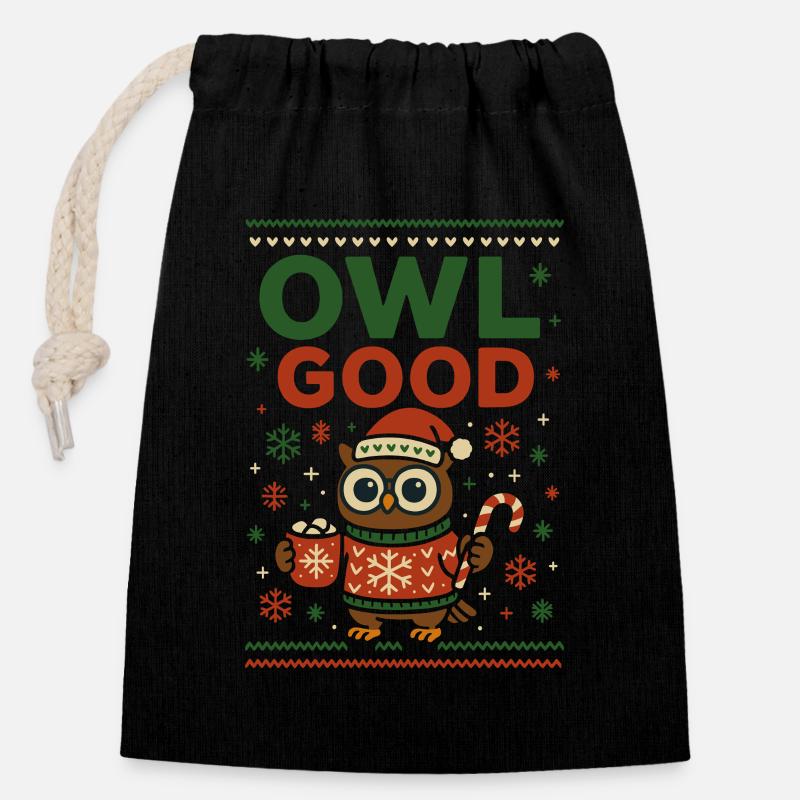 Owl Good Lustige Weihnachts Eule Ugly - Verschließbarer Geschenkbeutel aus Baumwolle (14x20cm) - Schwarz