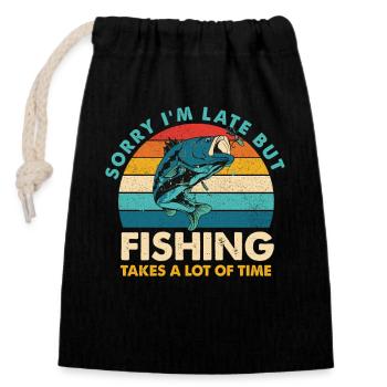 Sorry I'm Late – Retro Fishing Humor - Closable cotton gift bag (14x20cm) - black - Front