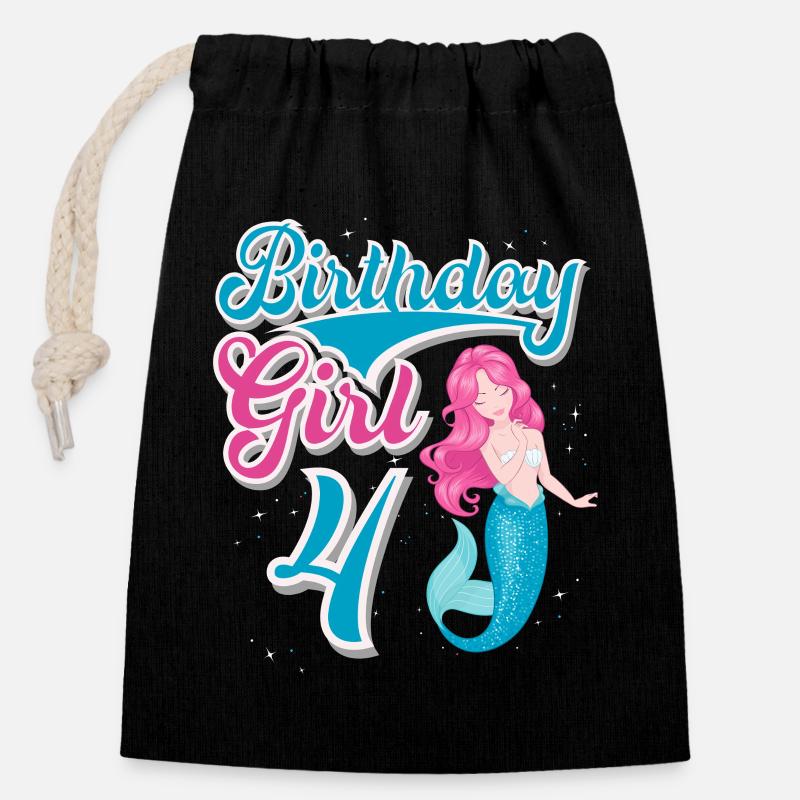 Sirène du 4e anniversaire - Sac cadeau en coton avec cordon (14 x 20 cm) - noir