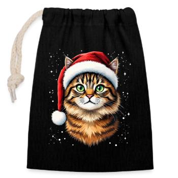 Chaton Noël au Chapeau Rouge - Sac cadeau en coton avec cordon (14 x 20 cm) - noir - Devant